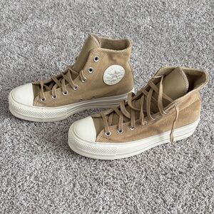 Converse High-Top Platform Sneakers in Tan Suede
